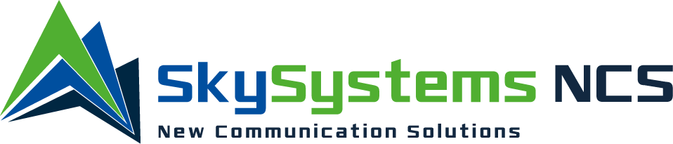 Logo SkySystems NCS GmbH, mehrfarbiger Schriftzug mit grünen, blauen und dunkelblauen Elementen